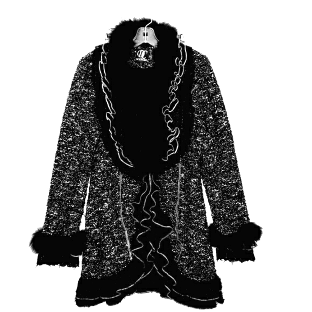 Dolce Cabo Black Varigated Ruffled Cardigan/Coat Sweater Racoon Fur Accent